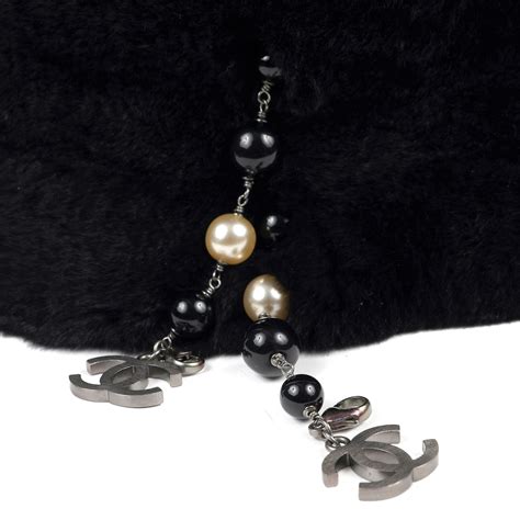 Chanel Black Rabbit Fur Neck Collar w/ CC Pearl Strands